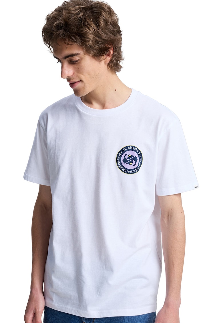 Tricou cu imprimeu si decolteu la baza gatului - Alb/Lila/Bleumarin
