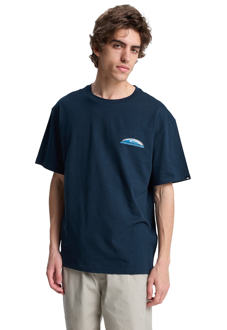 Tricou de bumbac cu decolteu la baza gatului - Alb/Bleumarin