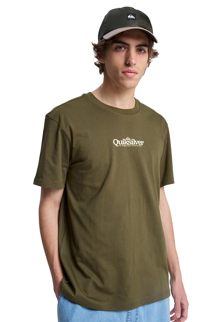 Tricou cu imprimeu logo si decolteu la baza gatului Fineline - Verde masliniu