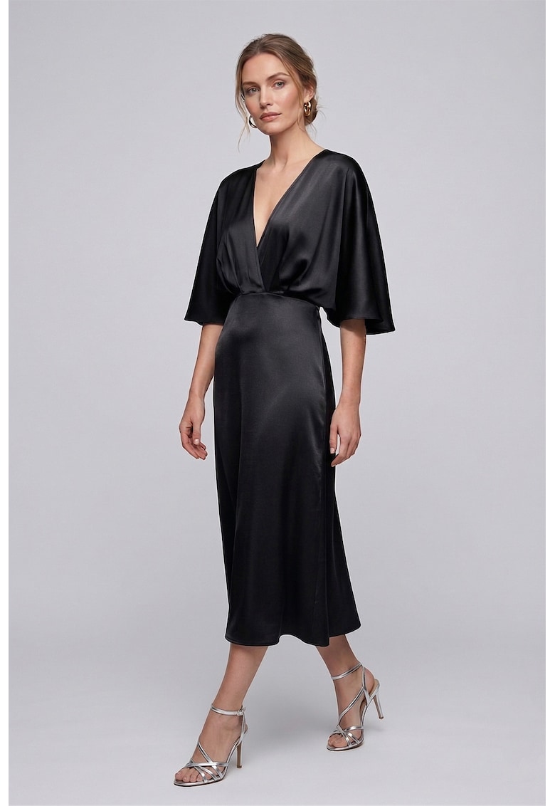 Rochie din satin cu decolteu drapat - Negru