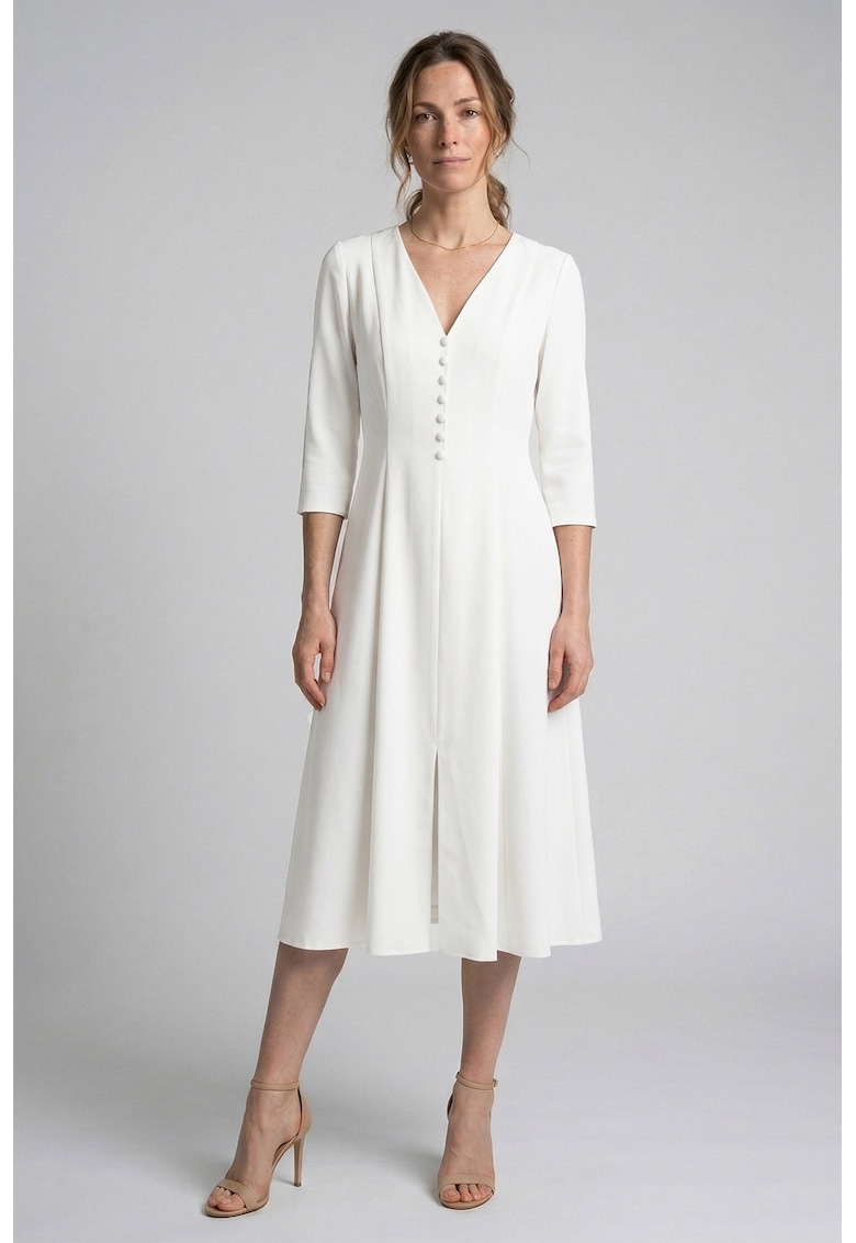 Rochie midi evazata cu decolteu in V - Alb optic