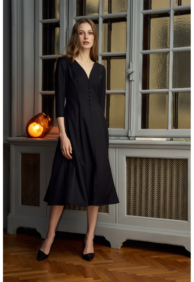 Rochie midi evazata cu decolteu in V - Negru