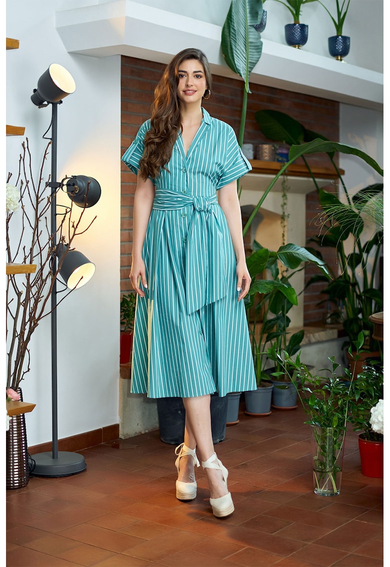 Rochie-camasa din amestec de bumbac cu model in dungi - Turcoaz/Alb optic