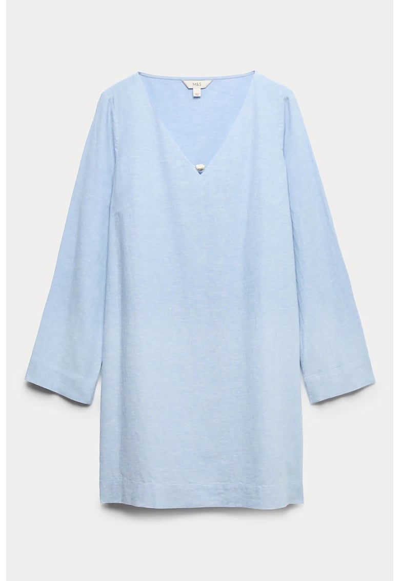 Rochie din amestec de in cu decolteu in V - Albastru glaciar