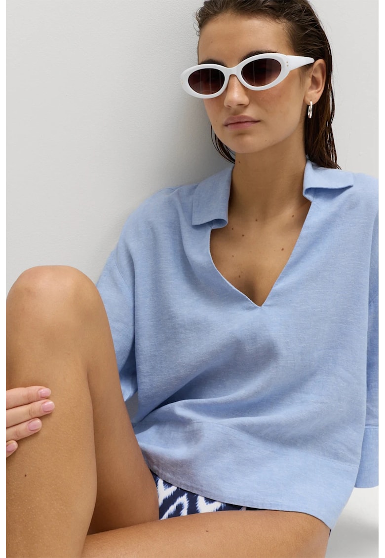 Bluza de plaja crop din amestec de in - Albastru glaciar