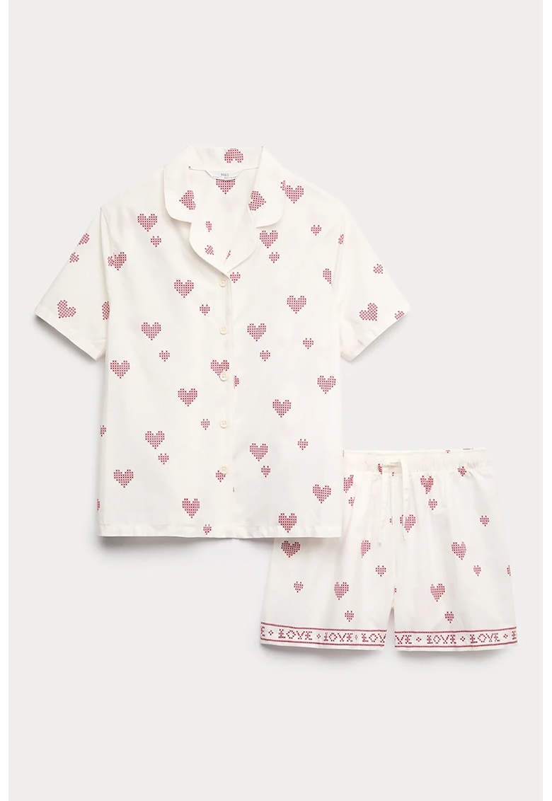Pijama de bumbac cu imprimeu cu inimi - Rosu/Alb murdar