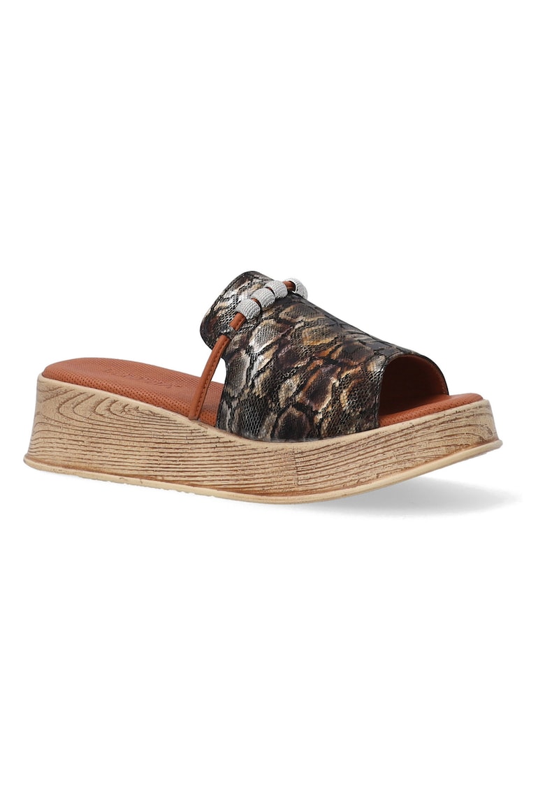 Papuci din piele cu imprimeu reptila si talpa wedge