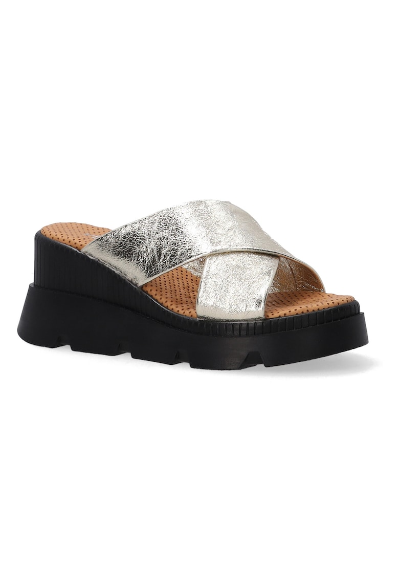 Papuci din piele cu talpa wedge si aspect metalizat