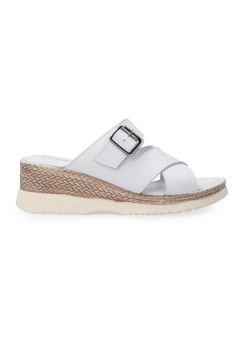 Papuci din piele cu talpa wedge si barete incrucisate