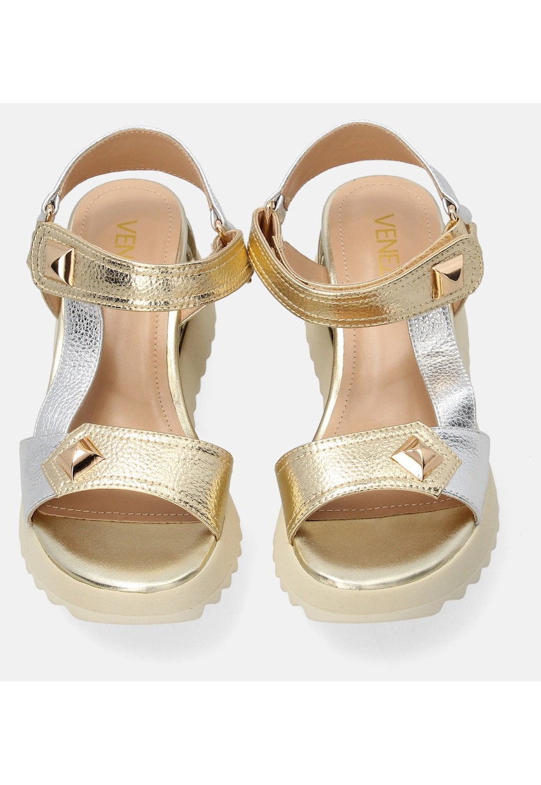 Sandale wedge din piele naturala cu aspect metalic