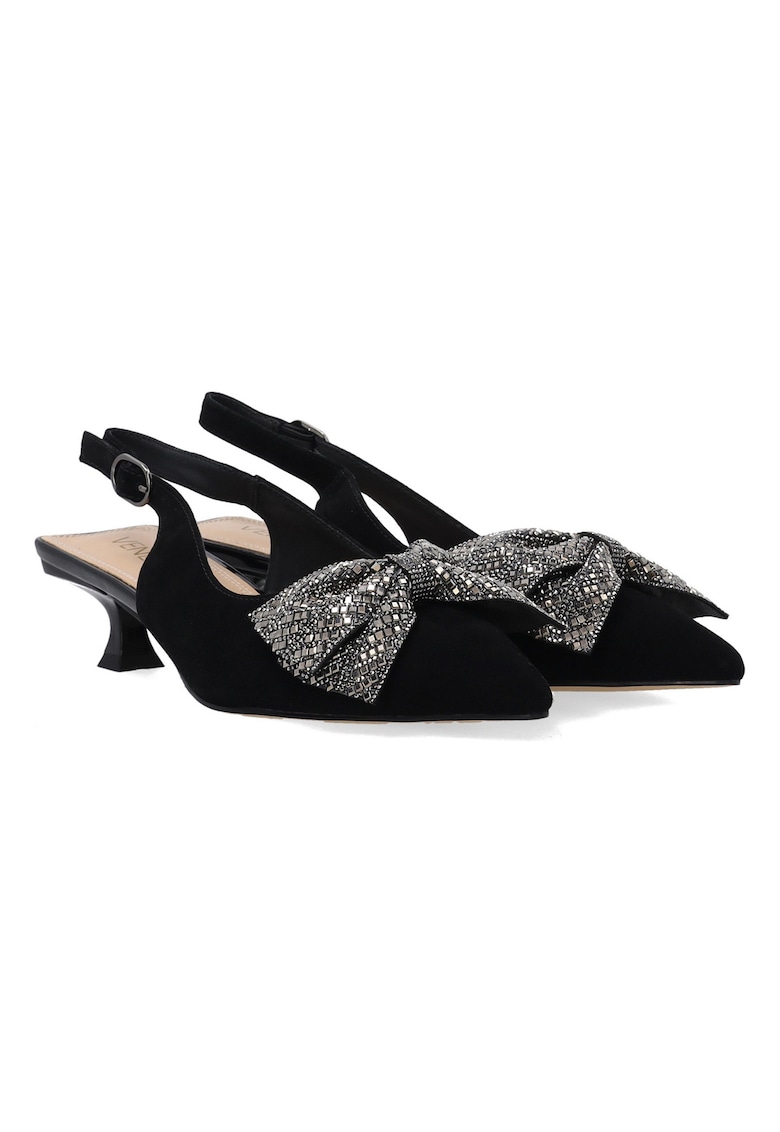 Pantofi din piele cu toc kitten si funda decorativa