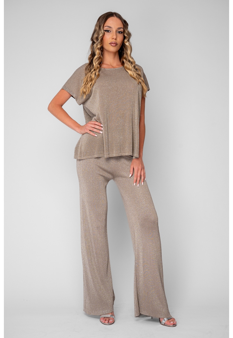Set Tricou tricotat fin si Pantalon lung Taupe/Silver 20883 - Maro taupe/Argintiu