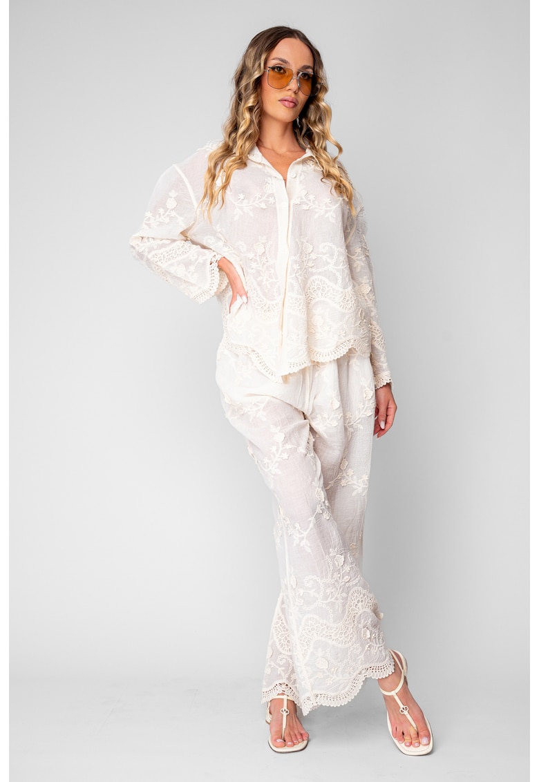 Set Camasa si Pantalon lung cu broderie Cream 20892 - Bej