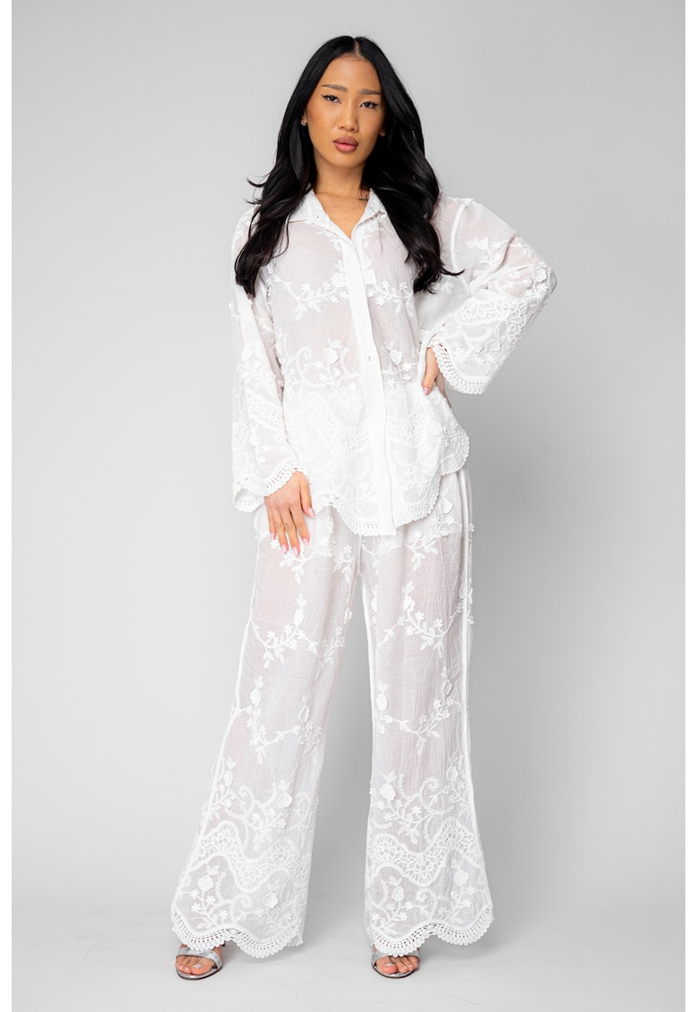 Set Camasa si Pantalon lung cu broderie White 20893 - Alb optic