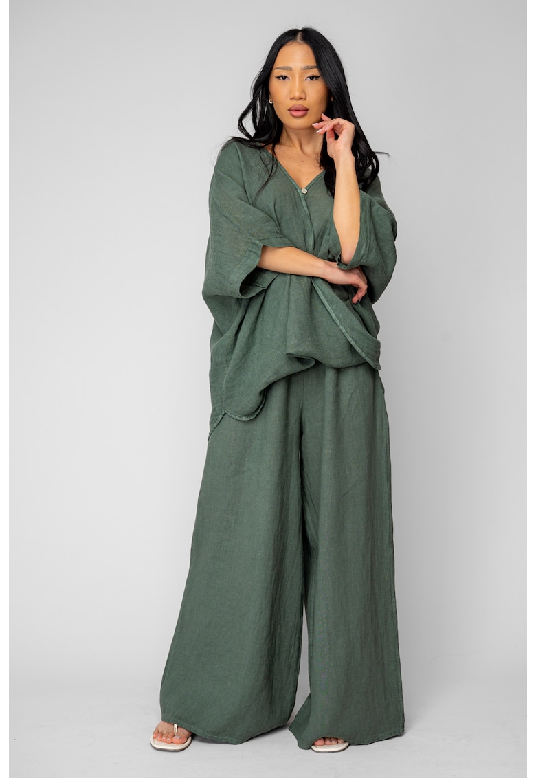 Set Bluza asimetrica si Pantalon lung din 100% in Dark Olive 20811 - Verde masliniu inchis