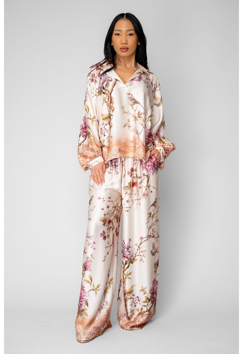 Set Shells bluza si pantalon lung din mix matase Off White/Rose 20830 - Negru