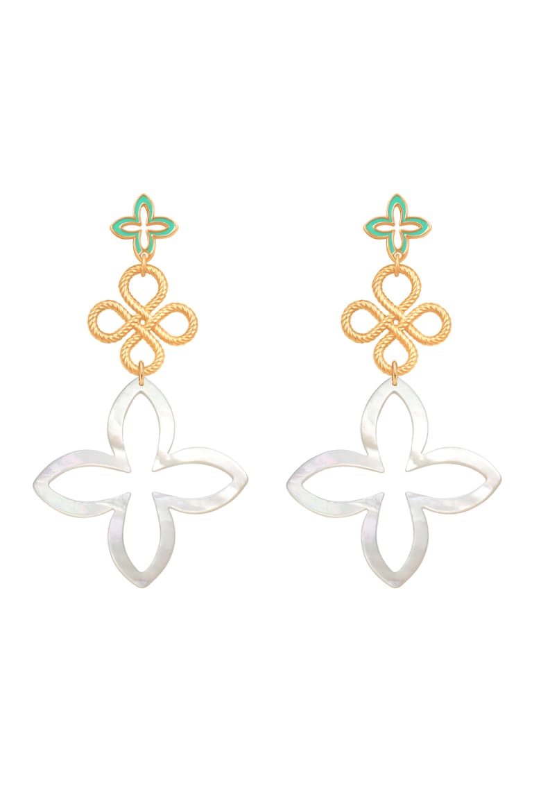 Cercei placati cu aur de 18k si decorati cu email Lily - Alb/Verde/Auriu