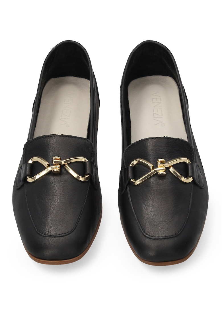 Pantofi Loafer din piele cu vatf rotund si detaliu metalic