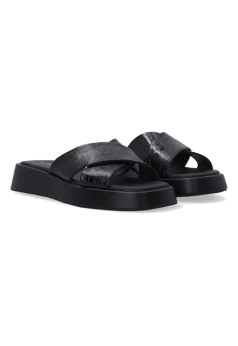 Papuci piele lacuita - negru - toc wedge - varf patrat