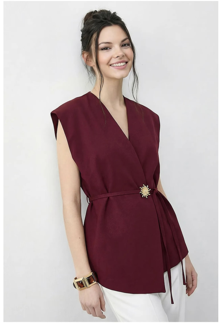 Vesta dama - vesta din crep - decolteu in V - rosu burgundy -