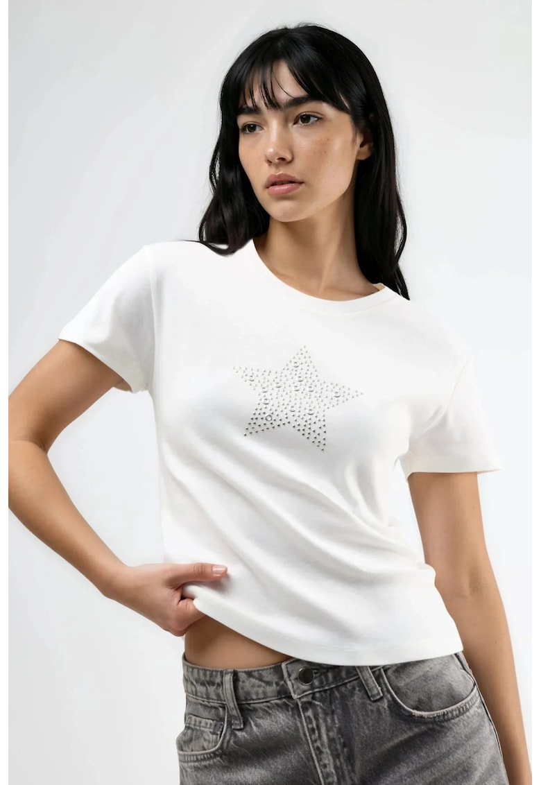 Tricou guler rotund - detalii din pietre - alb - 100% bumbac