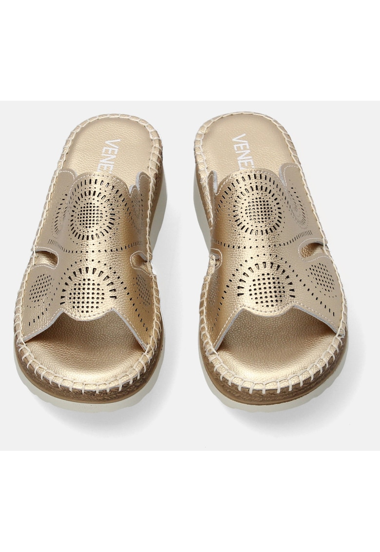 Papuci wedge din piele naturala cu perforatii decorative