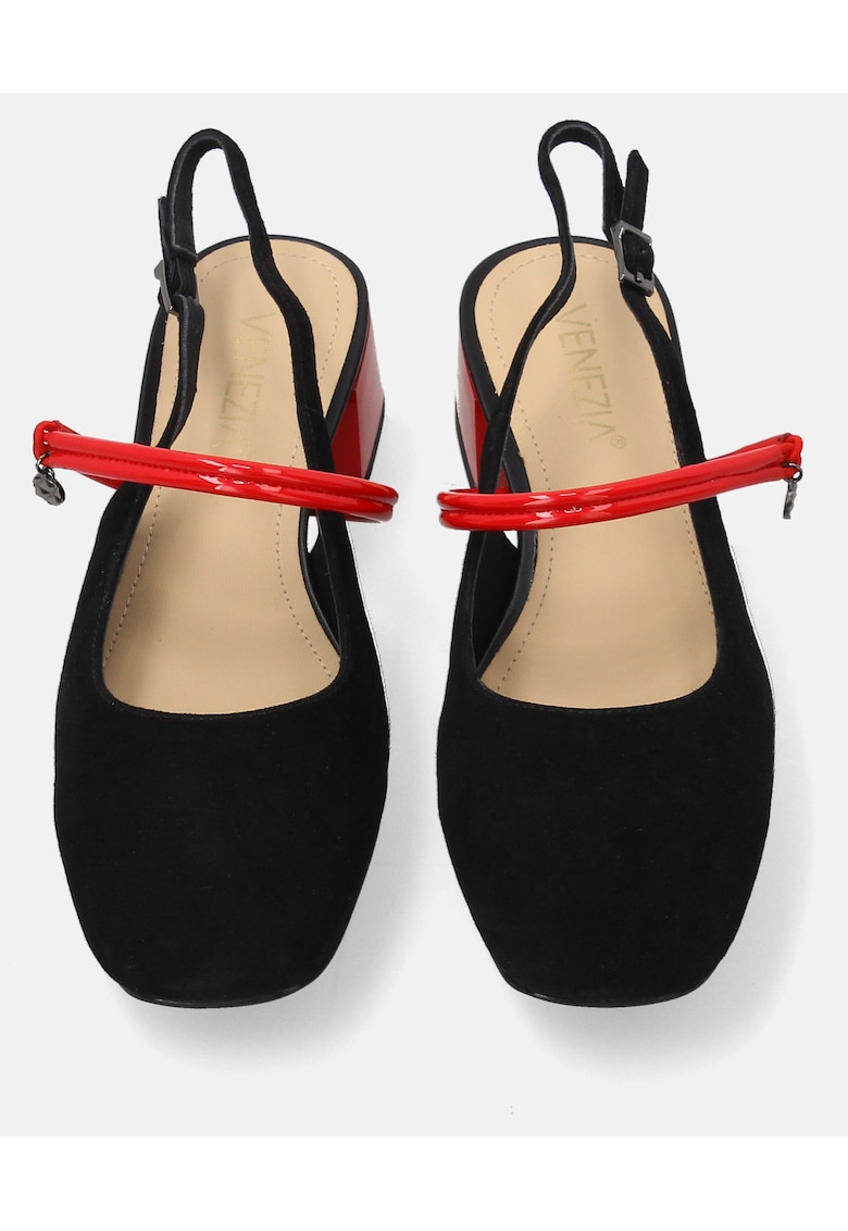 Pantofi Mary Jane din piele intoarsa cu varf rotund