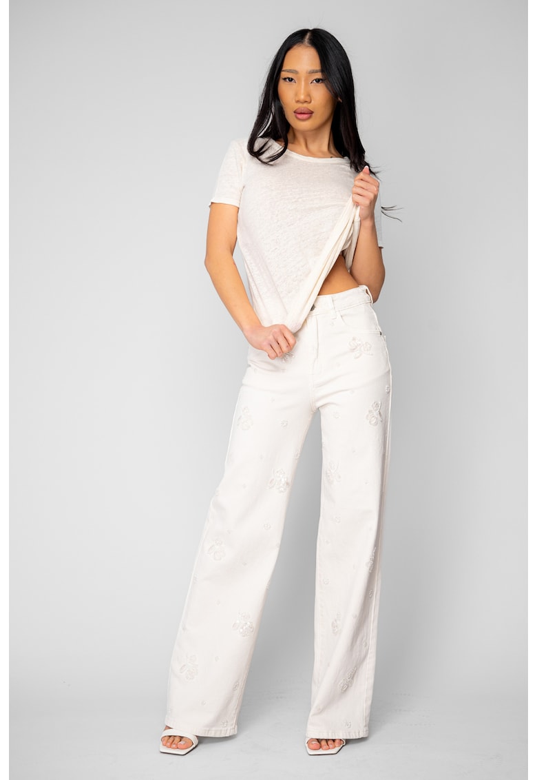 Blugi elastici largi din denim cu broderie Cream 20874 - Bej