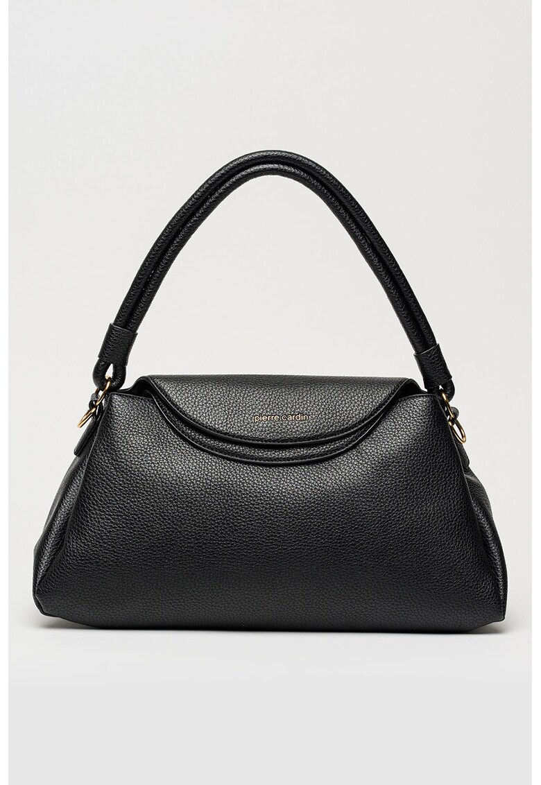 Geanta de piele ecologica cu bareta de umar si aspect granulat - Negru