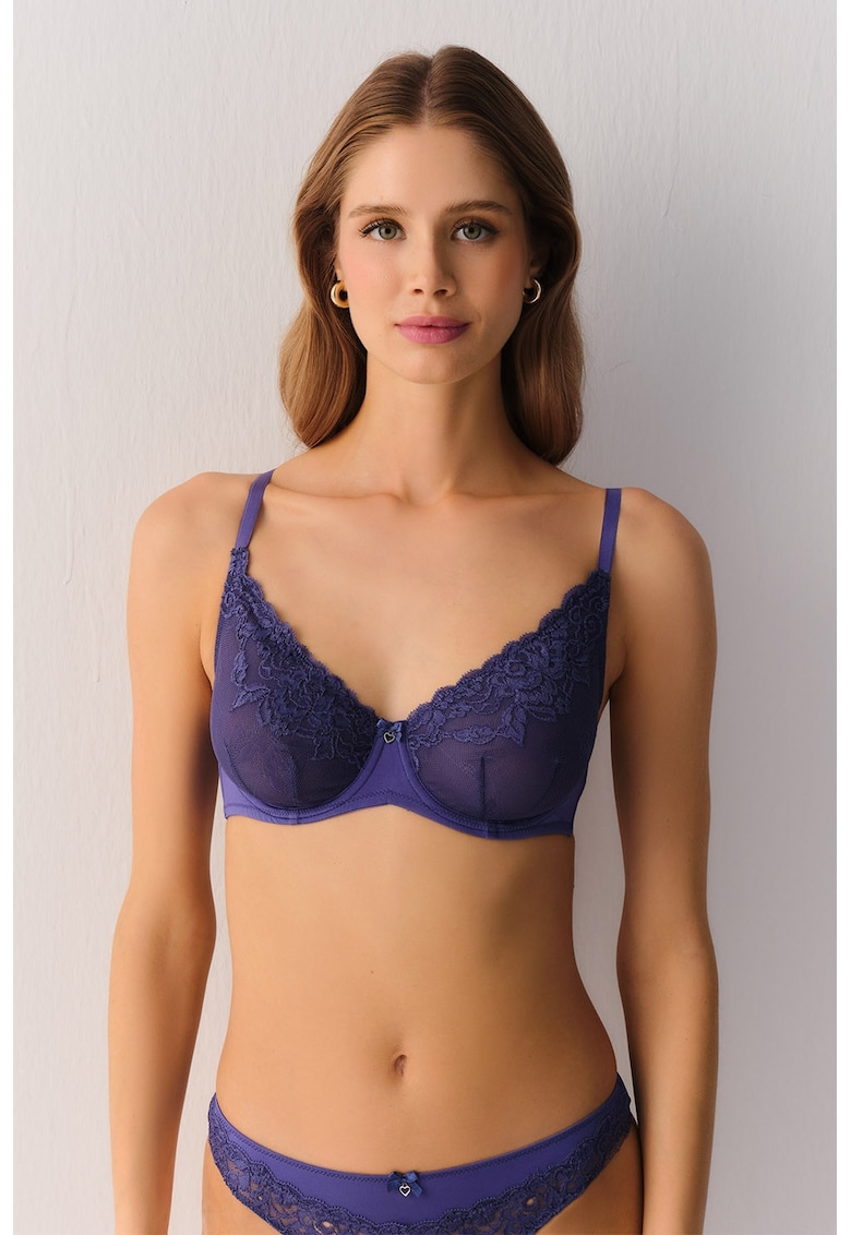 Sutien fara burete cu cupe triunghiulare si dantela - Albastru indigo