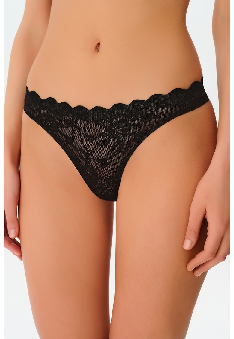 Chiloti tanga din dantela cu model floral - Negru