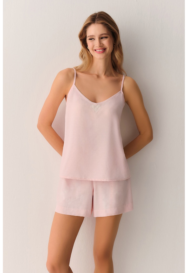 Pijama scurta cu broderie cu inima - Roz pal
