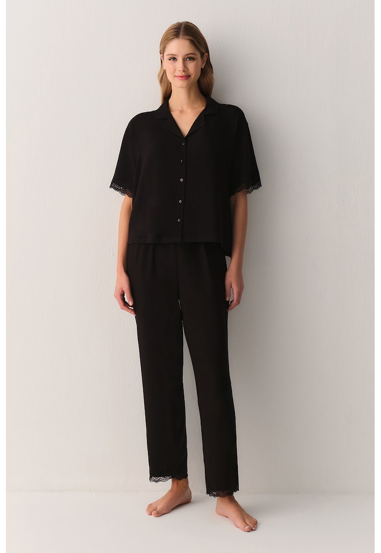 Pijama cu pantaloni lungi si revere decupate - Negru -