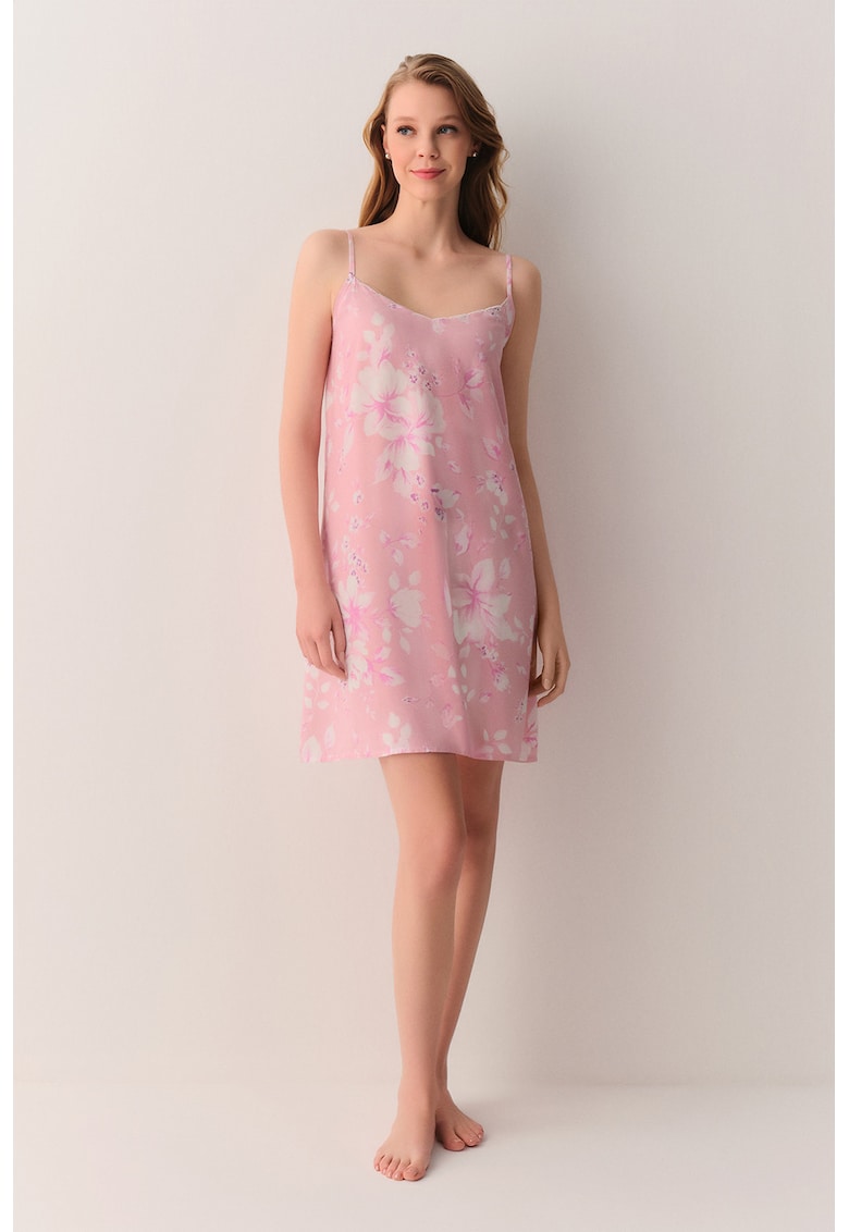 Camasa de noapte fara maneci cu imprimeu floral - Roz