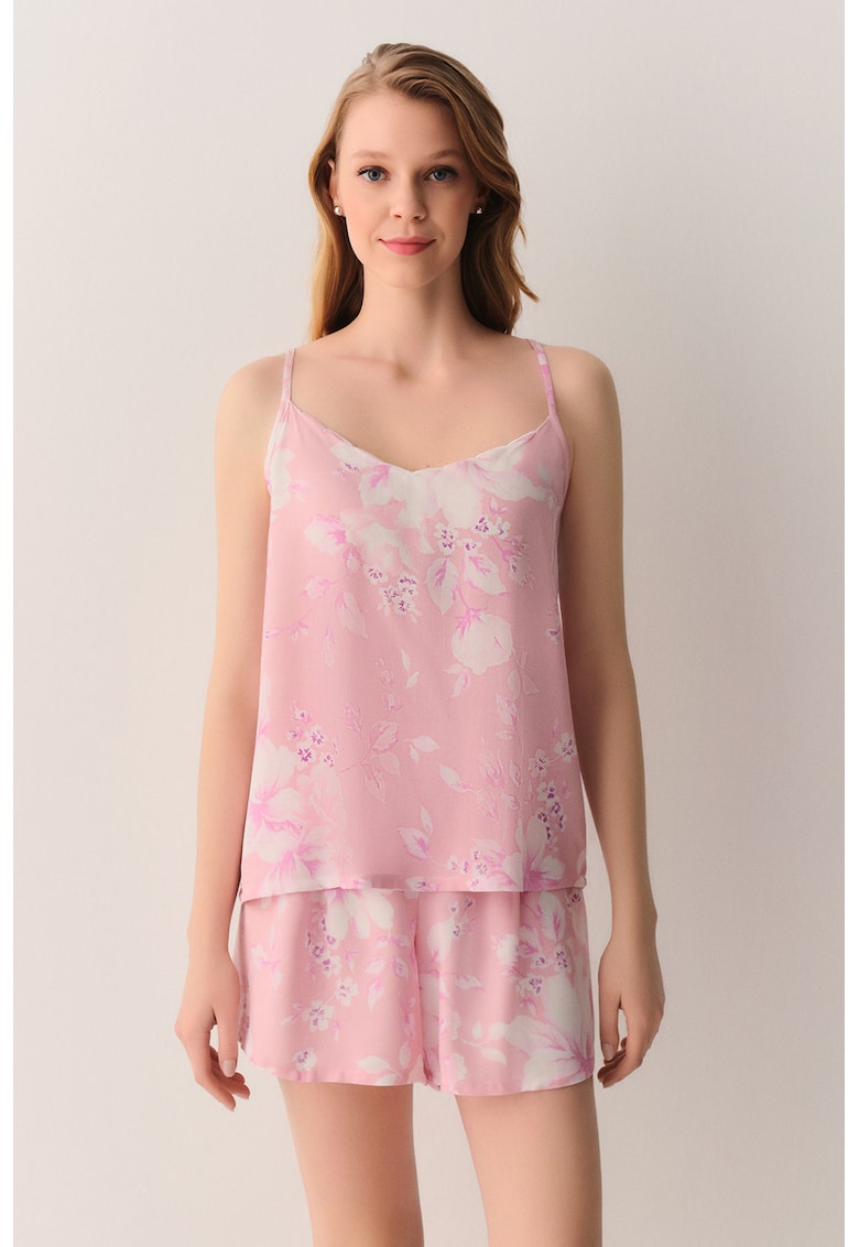Pijama fara maneci cu imprimeu floral - Roz deschis