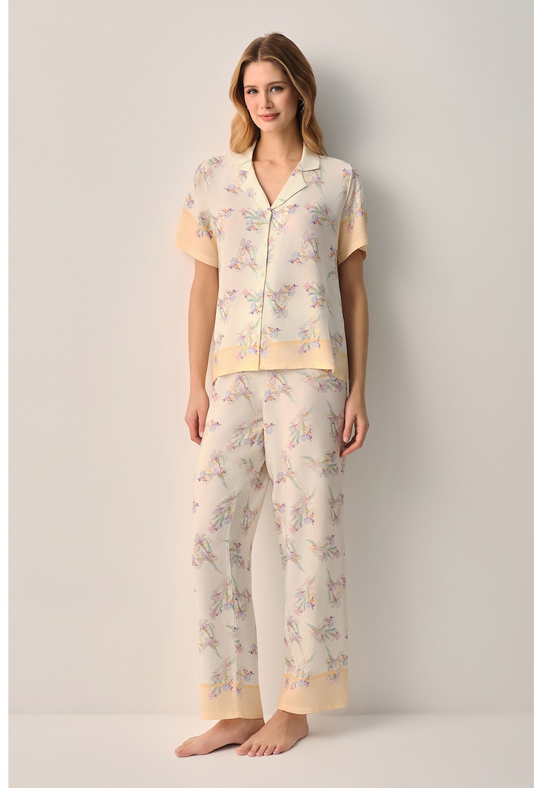 Pijama cu pantaloni si camasa cu model floral - Lila/Crem