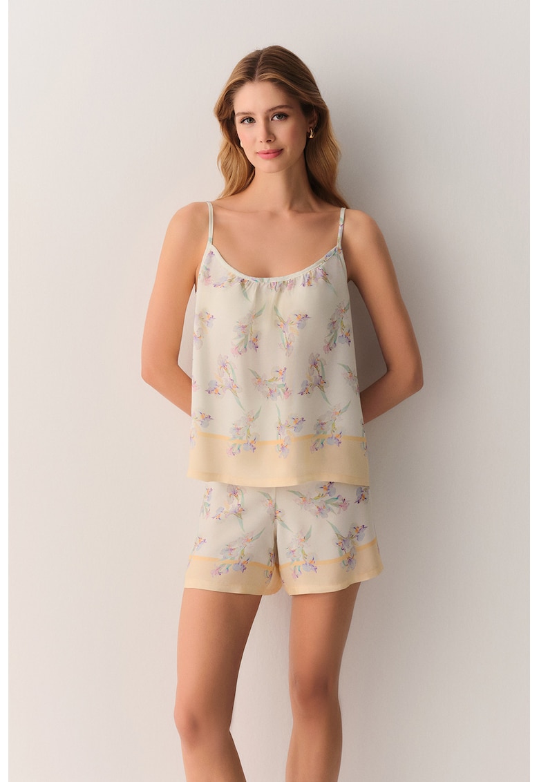 Pijama lejera cu model floral - Lila/Crem