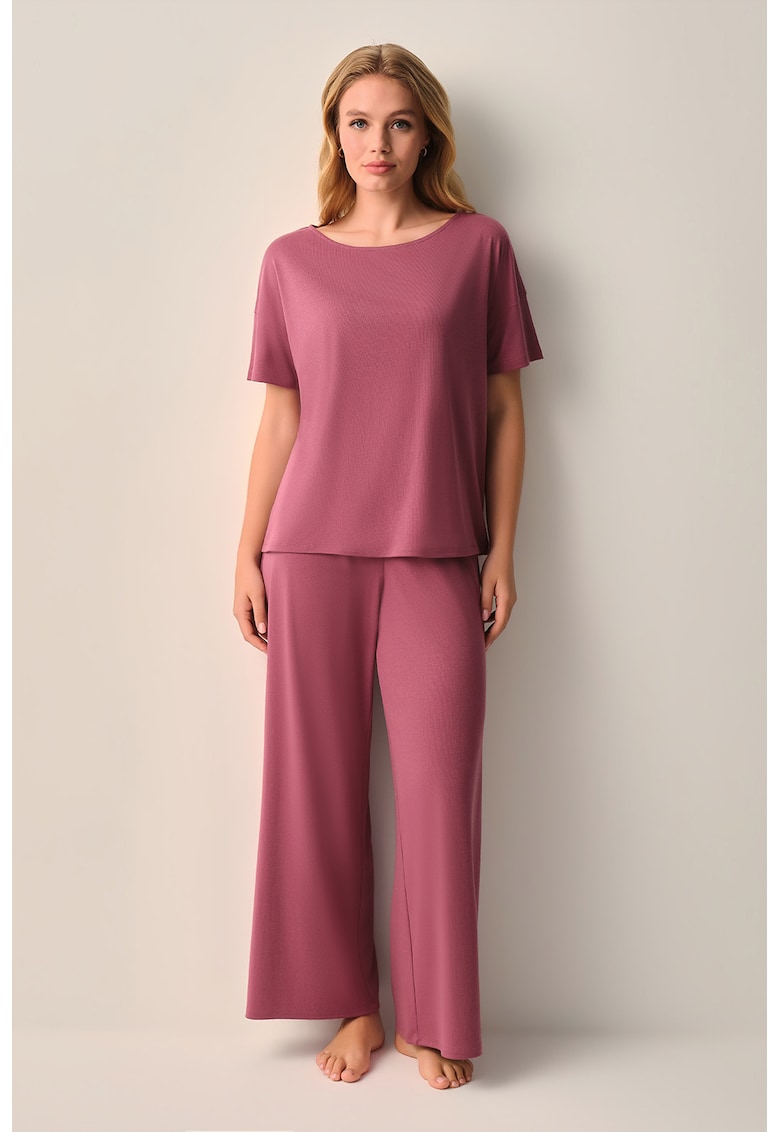 Pijama lunga cu model uni - Roz prafuit
