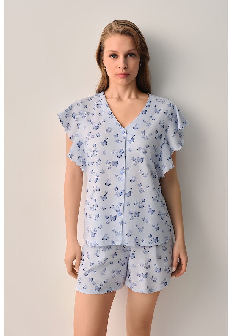 Pijama cu imprimeu fluture si nasturi - Albastru deschis - Albastru -