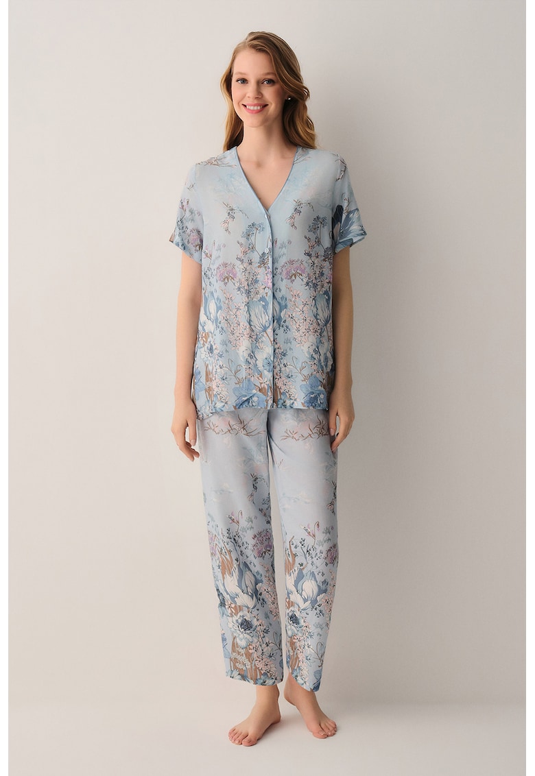 Pijama cu imprimeu floral - Albastru pal -