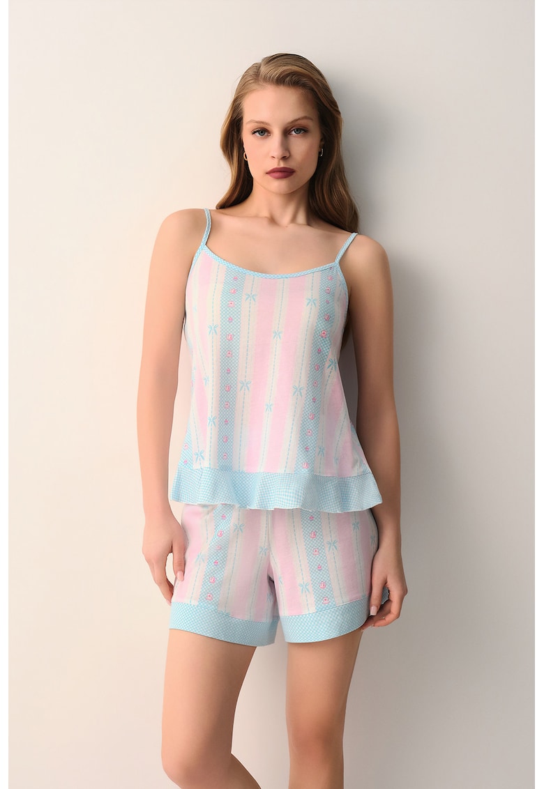Pijama cu pantaloni scurti si imprimeu grafic - Turcoaz/Roz deschis
