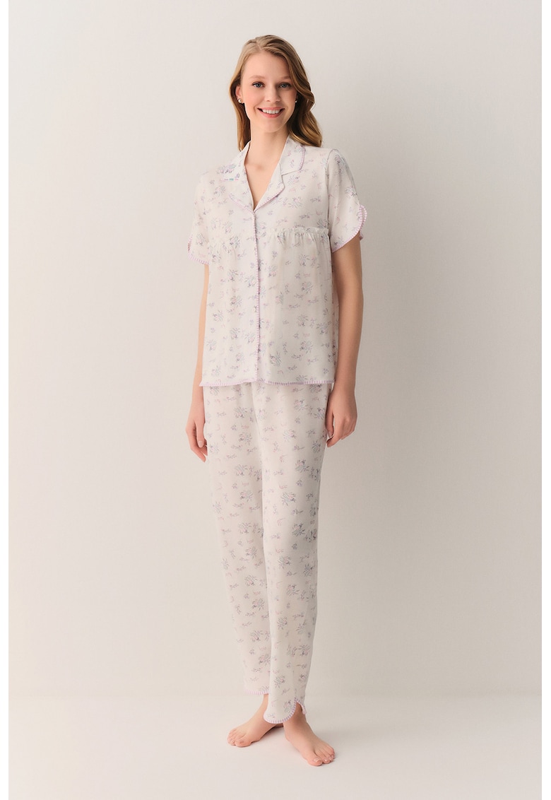 Pijama cu maneci scurte si imprimeu floral - Lila - Alb murdar -