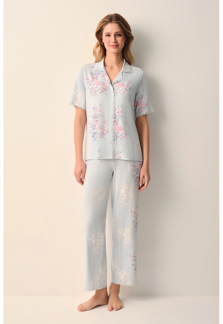 Pijama cu imprimeu floral si nasturi - Albastru glaciar - Roz pal -