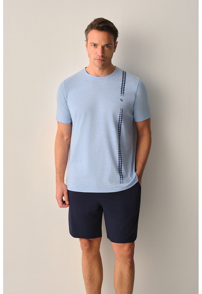 Pijama din amestec de bumbac cu pantaloni scurti - Albastru deschis - Bleumarin -