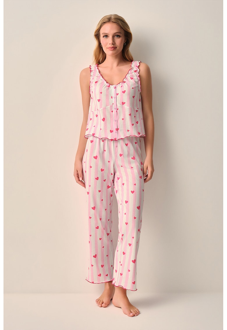 Pijama din bumbac cu dungi si imprimeu inimi - Roz -