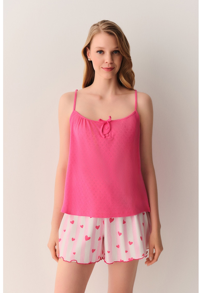 Pijama din bumbac cu pantaloni scurti - Fucsia -