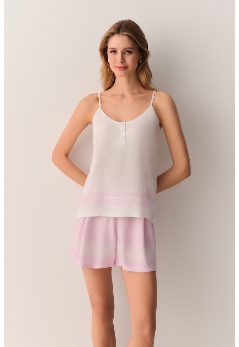 Pijama scurta cu decolteu rotund - Alb/Roz pal