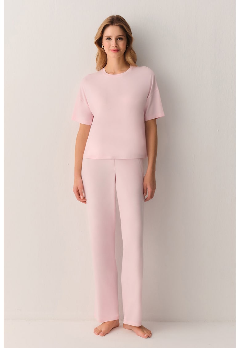Pijama uni cu decolteu rotund - Roz pal -