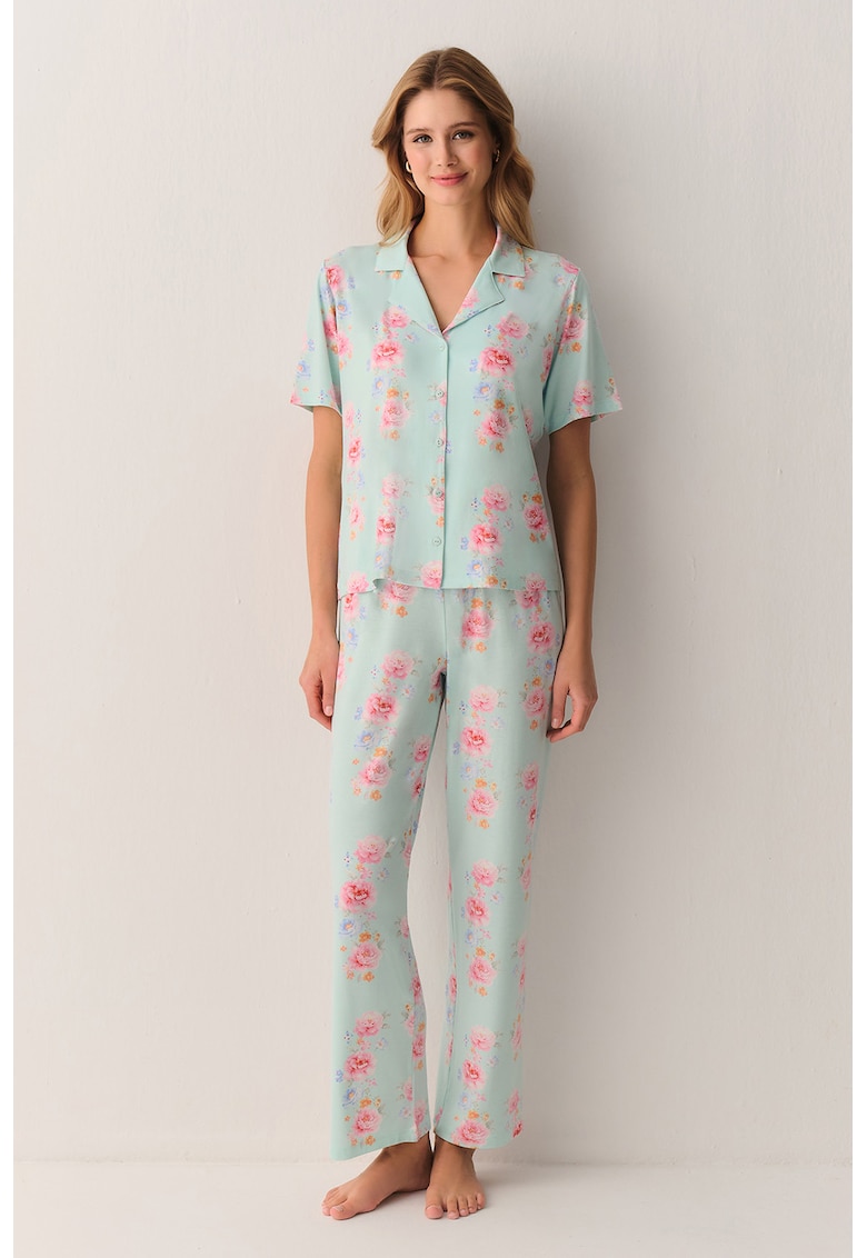 Pijama cu maneci scurte si inchidere cu nasturi - Verde pal - Roz -