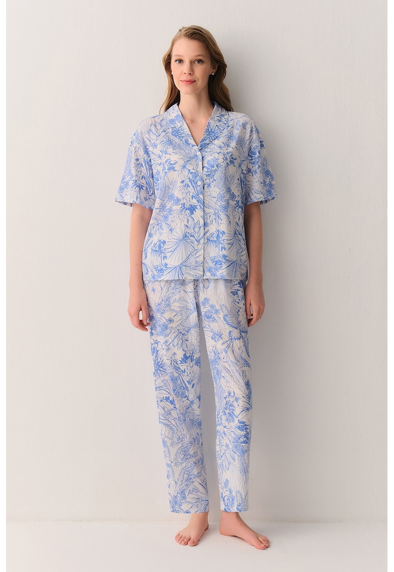 Pijama cu revere decupate si imprimeu floral - Albastru pastel -
